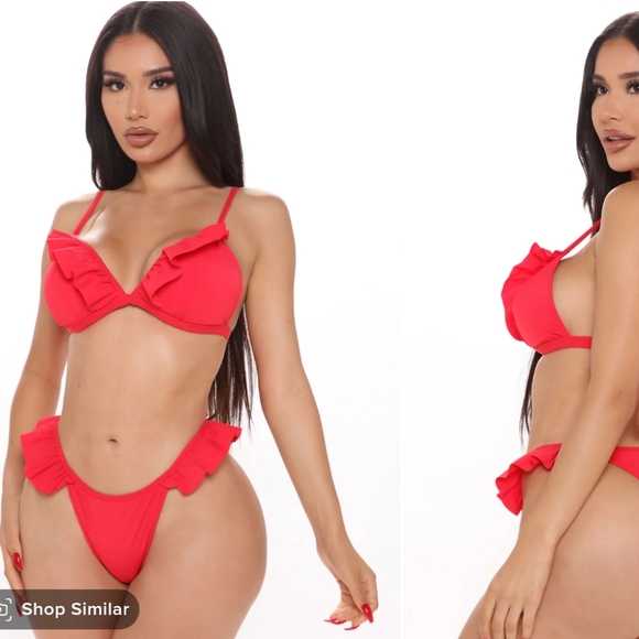 Red Ruffle Trim 2 Piece Bikini Set - Picture 2 of 6
